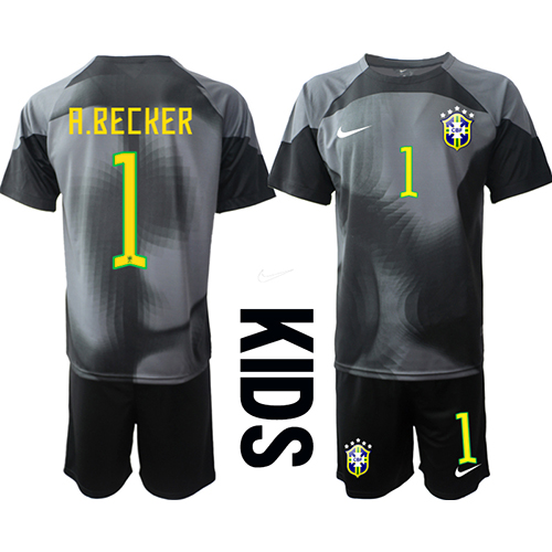 Brasilien Alisson Becker #1 Målvakt Hemmatröja Barn VM 2022 Kortärmad (+ korta byxor)